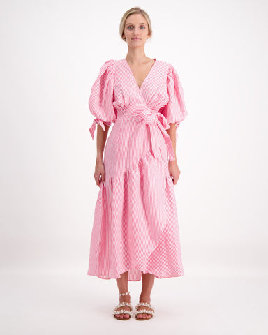 Luoni Wrap Dress Ariana Pink White Stripe - Pink Poppies 