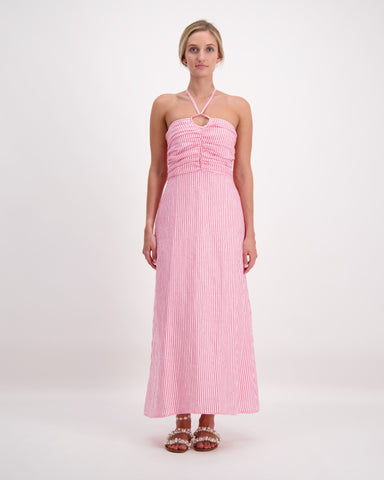 Luoni Dress Honor Pink White Stripe - Pink Poppies 