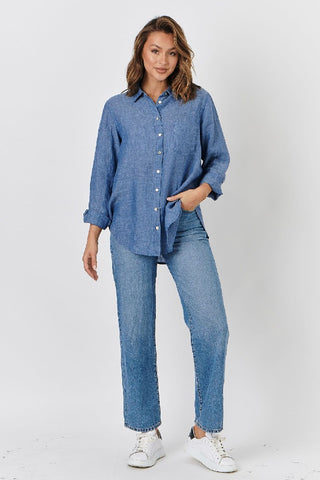 Envelope Shirt Denim Blue - Pink Poppies