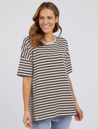 Elm Tee Lauren Ss Chocolate Stripe - Pink Poppies