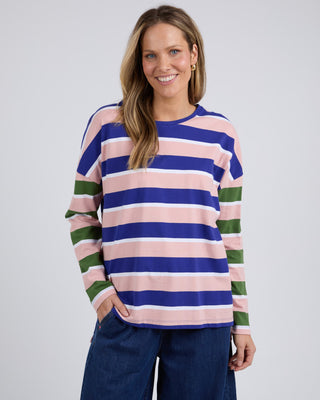 Elm Tee Ribbon Long Sleeve - Pink & Blue Stripe - Pink Poppies