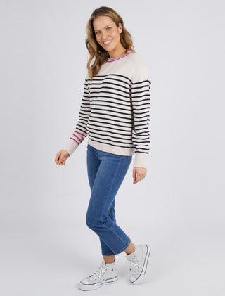 Elm Knit Portia Stripe Oat/navy - Pink Poppies 