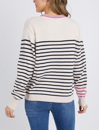 Elm Knit Portia Stripe Oat/navy - Pink Poppies 