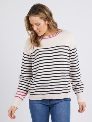 Elm Knit Portia Stripe Oat/navy - Pink Poppies 