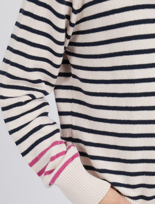 Elm Knit Portia Stripe Oat/navy - Pink Poppies 