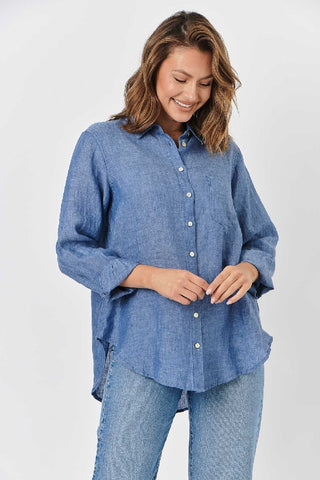 Envelope Shirt Denim Blue - Pink Poppies 