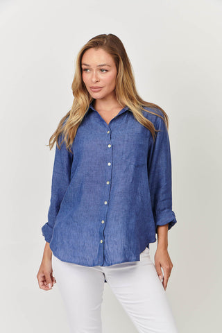 Envelope Shirt Linen Cobalt - Pink Poppies 