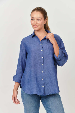 Envelope Shirt Linen Cobalt - Pink Poppies 