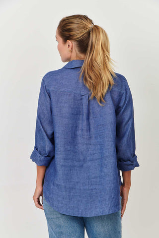 Envelope Shirt Linen Cobalt - Pink Poppies 