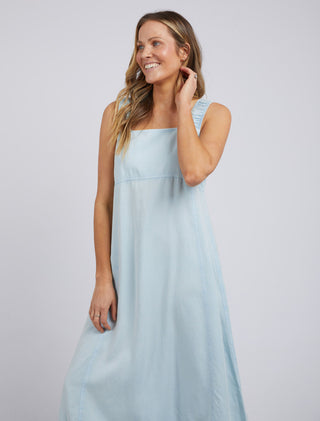 Foxwood Dress Sage Denim Light Blue - Pink Poppies 