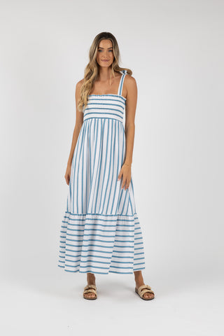 Humidity Dress Santos Shirred Blue Stripe [sz:size 8]