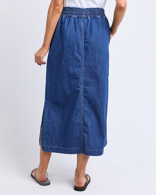 Elm Skirt Clover Midi Denim - Mid Blue Wash [sz:size 10]