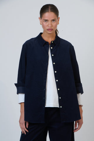 Namastai Shirt - Navy Fine Cord | Pink Poppies