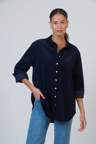 Namastai Shirt - Navy Fine Cord | Pink Poppies