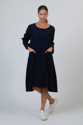 Namastai Winter Dress - Navy Fine Cord | Pink Poppies