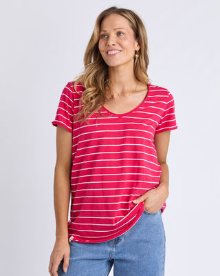 Elm Tee S/s Pima Vee - Dark Pink & White Stripe [sz:size 8]