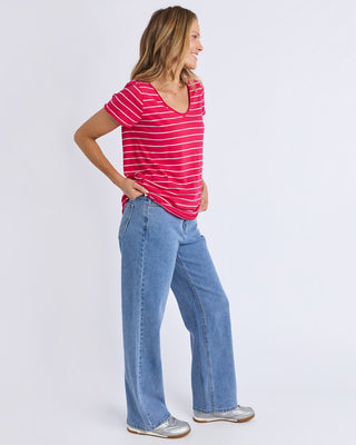Elm Tee S/s Pima Vee - Dark Pink & White Stripe [sz:size 8]