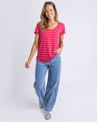 Elm Tee S/s Pima Vee - Dark Pink & White Stripe [sz:size 8]