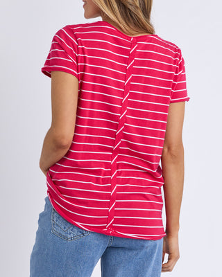 Elm Tee S/s Pima Vee - Dark Pink & White Stripe [sz:size 8]