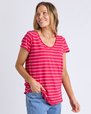 Elm Tee S/s Pima Vee - Dark Pink & White Stripe [sz:size 8]