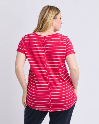 Elm Tee S/s Pima Vee - Dark Pink & White Stripe [sz:size 8]