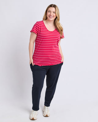 Elm Tee S/s Pima Vee - Dark Pink & White Stripe [sz:size 8]