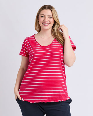 Elm Tee S/s Pima Vee - Dark Pink & White Stripe [sz:size 8]
