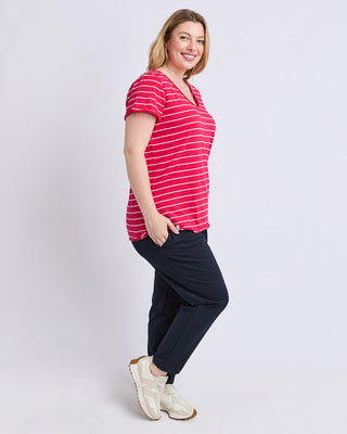 Elm Tee S/s Pima Vee - Dark Pink & White Stripe [sz:size 8]