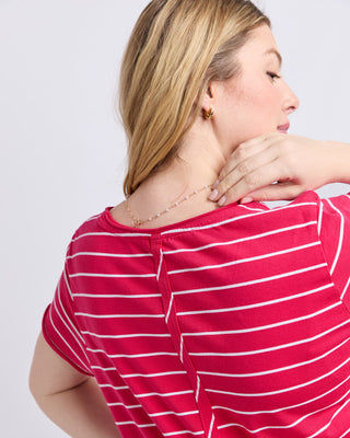 Elm Tee S/s Pima Vee - Dark Pink & White Stripe [sz:size 8]