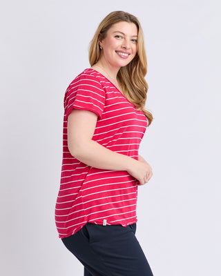Elm Tee S/s Pima Vee - Dark Pink & White Stripe [sz:size 8]