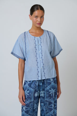 Namastai Embroidered Button-front Cotton Blouse – Breeze [sz:small / Medium]