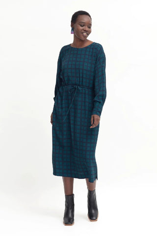 Elk Dress Krata Navy&komby Green Check - Pink Poppies 