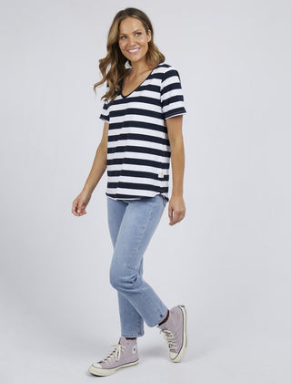 Elm Tee Stripe Vee Navy - Pink Poppies 