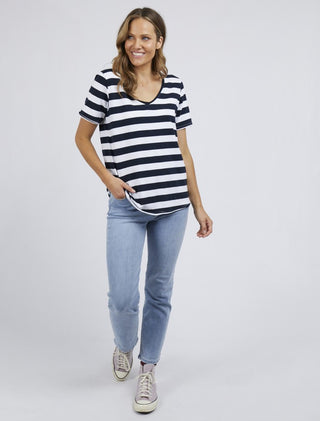 Elm Tee Stripe Vee Navy - Pink Poppies 