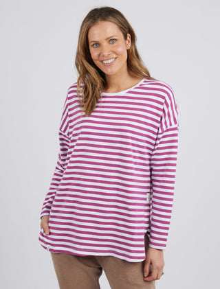 Elm Tee Lauren L/s Stripe Mulberry And White - Pink Poppies 