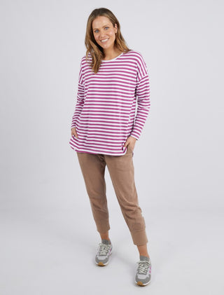 Elm Tee Lauren L/s Stripe Mulberry And White - Pink Poppies 