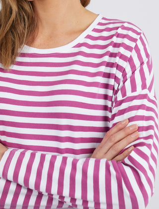 Elm Tee Lauren L/s Stripe Mulberry And White - Pink Poppies 