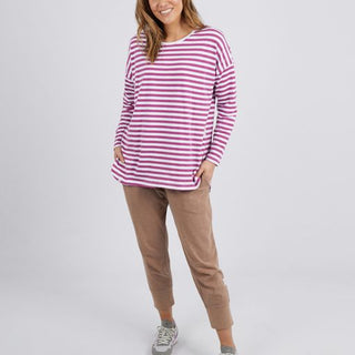 Elm Tee Lauren L/s Stripe Mulberry And White - Pink Poppies 