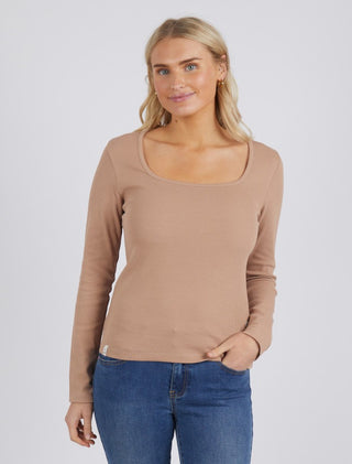 Elm Tee Rib Square Neck L/s Mocha - Pink Poppies 