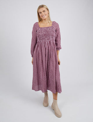 Elm Dress Pippa Check Wine - Pink Poppies 