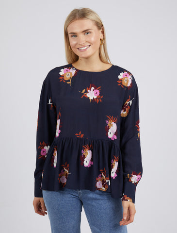Elm Blouse Posy Floral Navy - Pink Poppies 