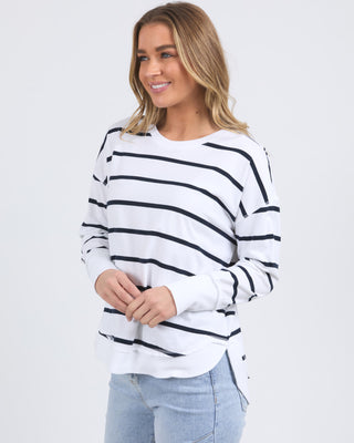 Foxwood Crew Farrah Ls - Stripe White & Navy [sz:size 10]