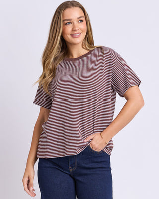 Foxwood Hutch Stripe Tee - Choc/white Stripe [sz:size 10]