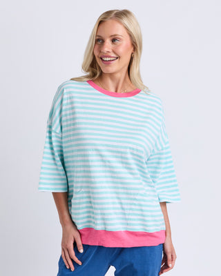 Elm Mazie Stripe Ringer Sweat - Turquise / White / Pink [sz:size 8]