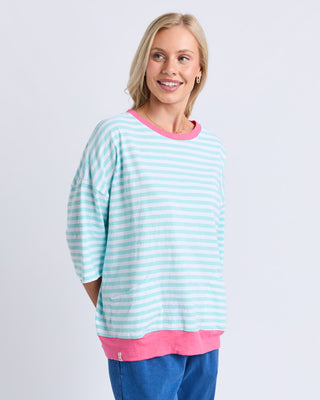 Elm Mazie Stripe Ringer Sweat - Turquise / White / Pink [sz:size 8]