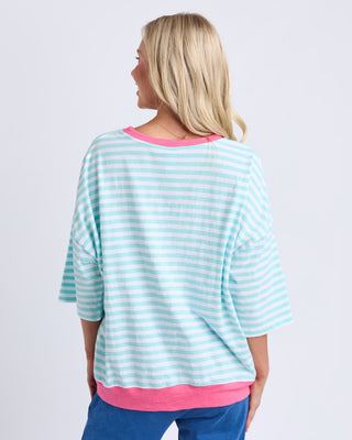 Elm Mazie Stripe Ringer Sweat - Turquise / White / Pink [sz:size 8]