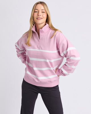 Elm Freedom 1/4 Zip Crew - Pink & White Stripe | Pink Poppies