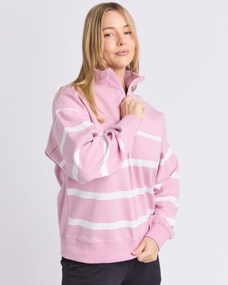 Elm Freedom 1/4 Zip Crew - Pink & White Stripe | Pink Poppies