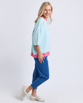 Elm Mazie Stripe Ringer Sweat - Turquise / White / Pink [sz:size 8]