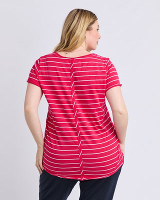 Elm Tee S/s Pima Vee - Dark Pink & White Stripe | Pink Poppies